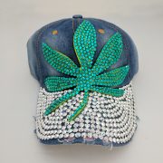 Green Glitter Rhinestone Cannabis Marijuana Pot Leaf Hat - Front View